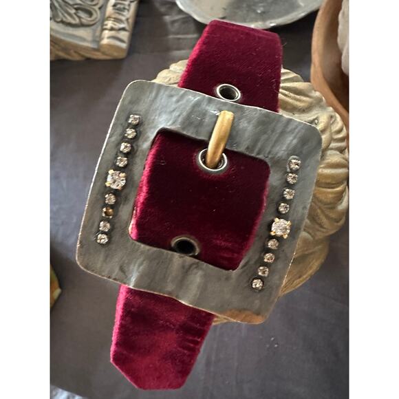 vintage SAINT LAURENT velvet calfskin leather BELT metal jeweled buckle glam s 2 - Picture 1 of 16